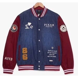 NEW Pixar Studios Denim Varsity Jacket Mens XLarge Embroidered Patches Quote